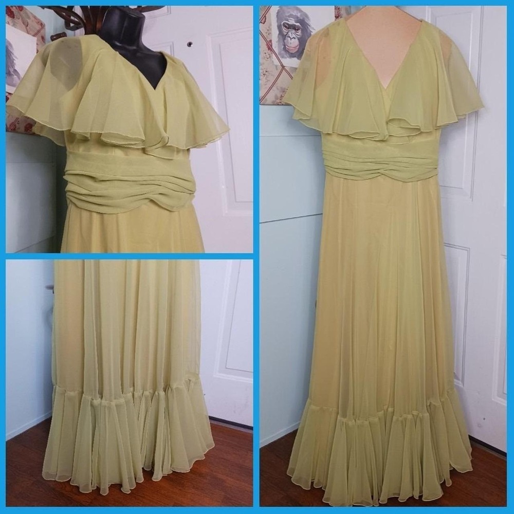 1970s Marita by Anthony Muto Chartreuse Evening Dress Rouche Flowy
